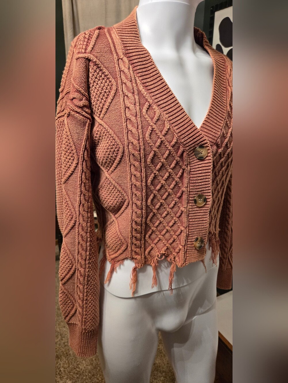 Chunky Cable-Knit Button Front Cropped Sweater - Dusty Rose-Gilded Intent